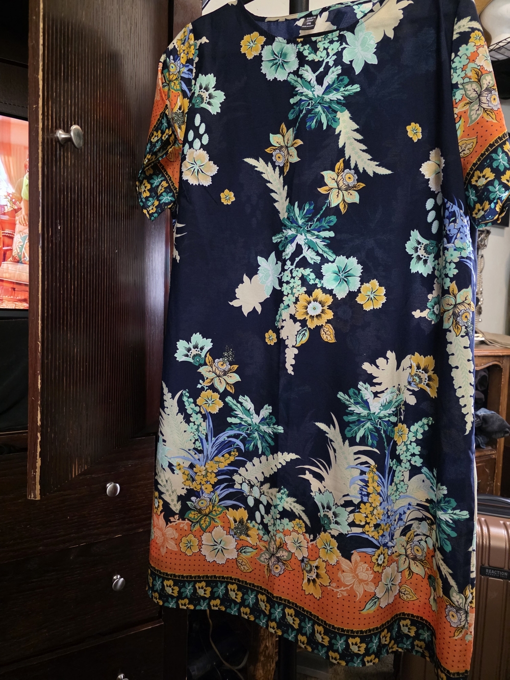 SHEIN Navy Floral Midi Dress with Orange Border